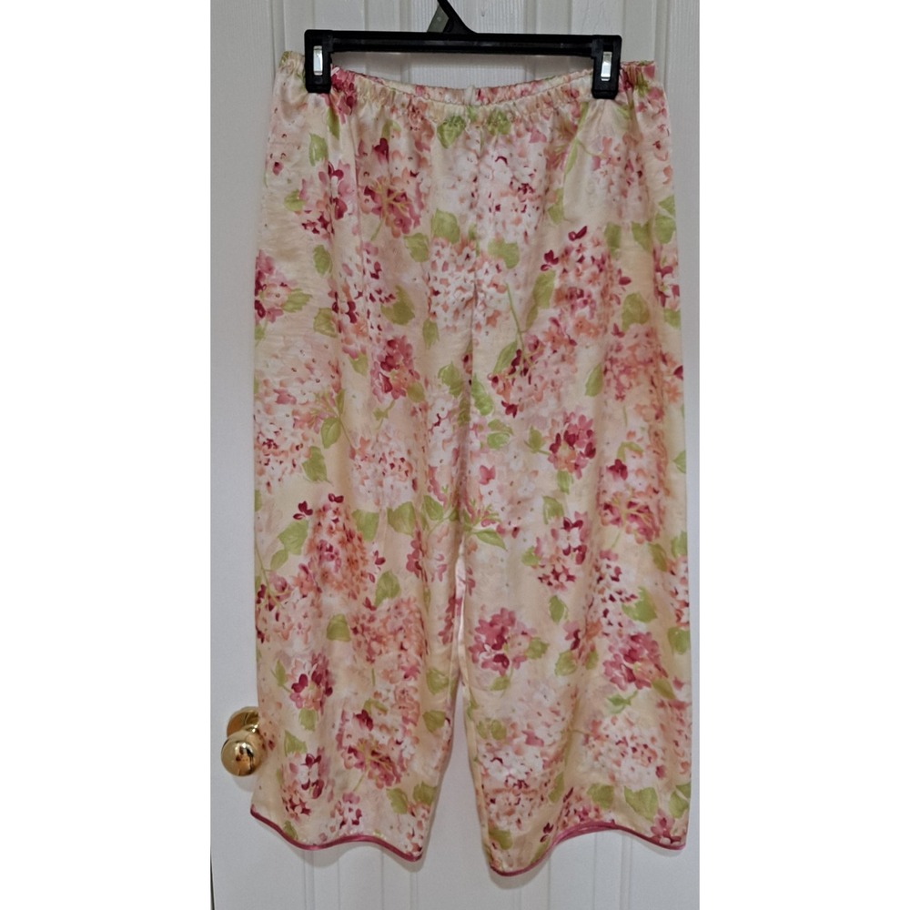 Oscar de la Renta Cherry Blossom Satin Pajama Set Sleepwear Floral Pink Green L - Picture 5 of 6